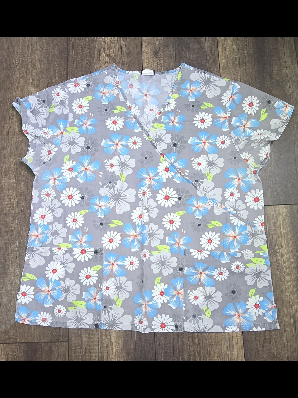 Floral Wrap-Style Tunic Top in Gray with Blue & White Flowers